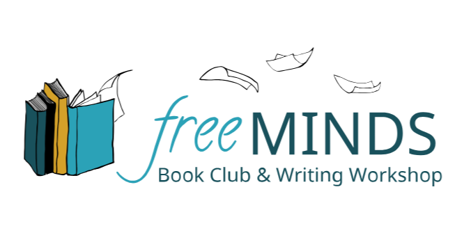 Logo for free MINDS Book Club & Writing Workshop featuring an open book with paper flying around.