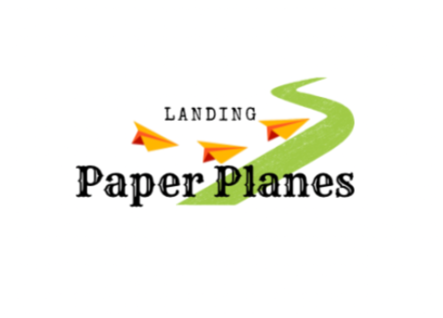 Logo with the words 'Landing Paper Planes' and an illustration of three paper airplanes flying along a winding green path.