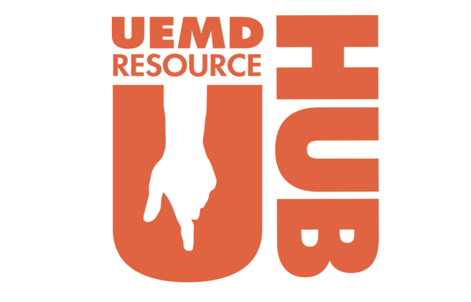 UEMD Resource logo with bold red text, the word 'RESOURCE' underneath, and a white hand icon pointing downward in the center.