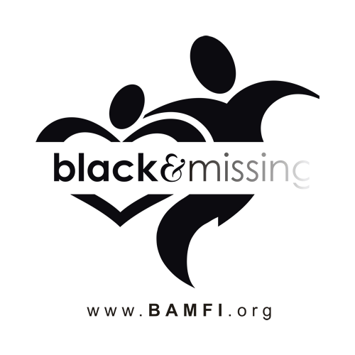 Logo of Black & Missing Foundation with stylized figures and the website www.BAMFI.org.