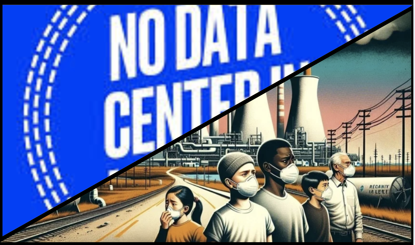 Illustration showing diverse people wearing masks in front of a nuclear power plant, emphasizing the impact of COVID-19 in a community near the plant.