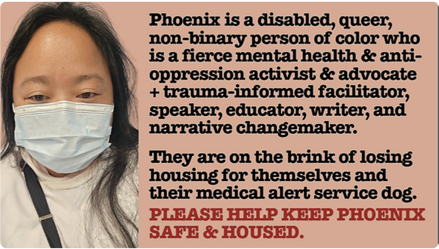 Photo of Phoenix wearing a blue surgical mask with black and red text on tan background.