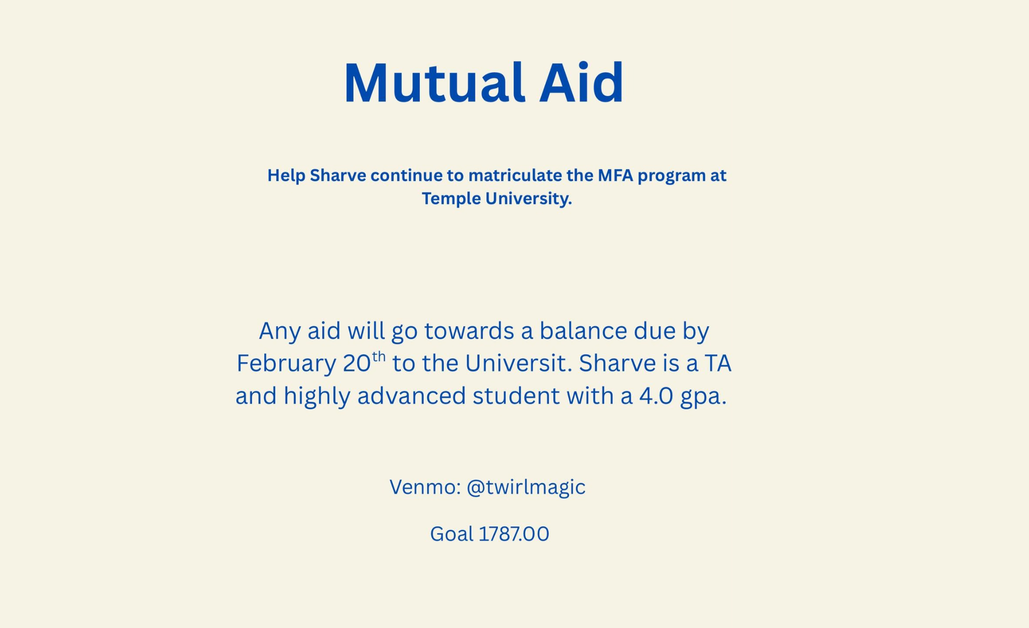 Fundraising request for mutual aid to support the Temple University MFA program. The message includes a goal of $1,787, with a Venmo handle @twirlmagic, and mentions Sharve, a TA and student with a 4.0 GPA.