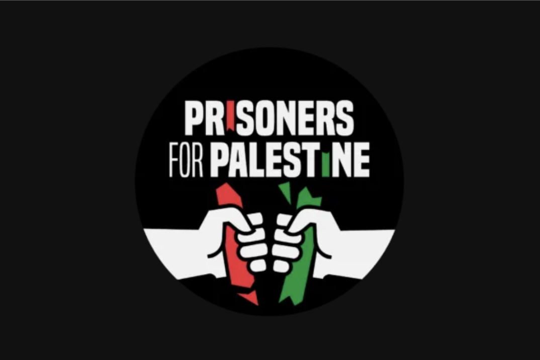 A black circular logo with text and illustrations supporting Palestine, featuring two hands gripping a broken banner with red and green colors and the words 'Prisoners for Palestine'.