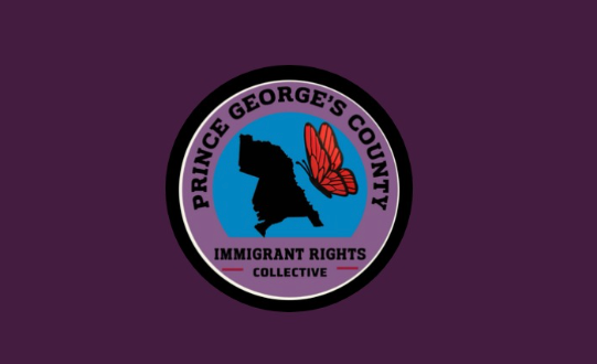 Logo of Prince George's County Immigrant Rights Collective featuring a black map of Maryland, a red butterfly, and purple and blue colors.