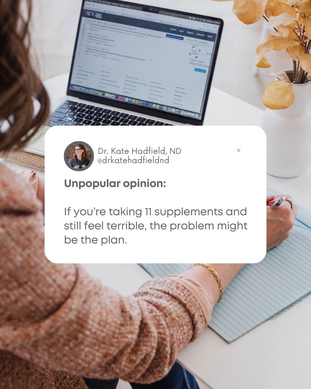 Unpopular opinion:

If you&rsquo;re taking 11 supplements and still feel terrible&hellip; the problem might be the plan.

Somewhere along the way, &ldquo;more&rdquo; became synonymous with &ldquo;better&rdquo; in the wellness world&mdash;and patients