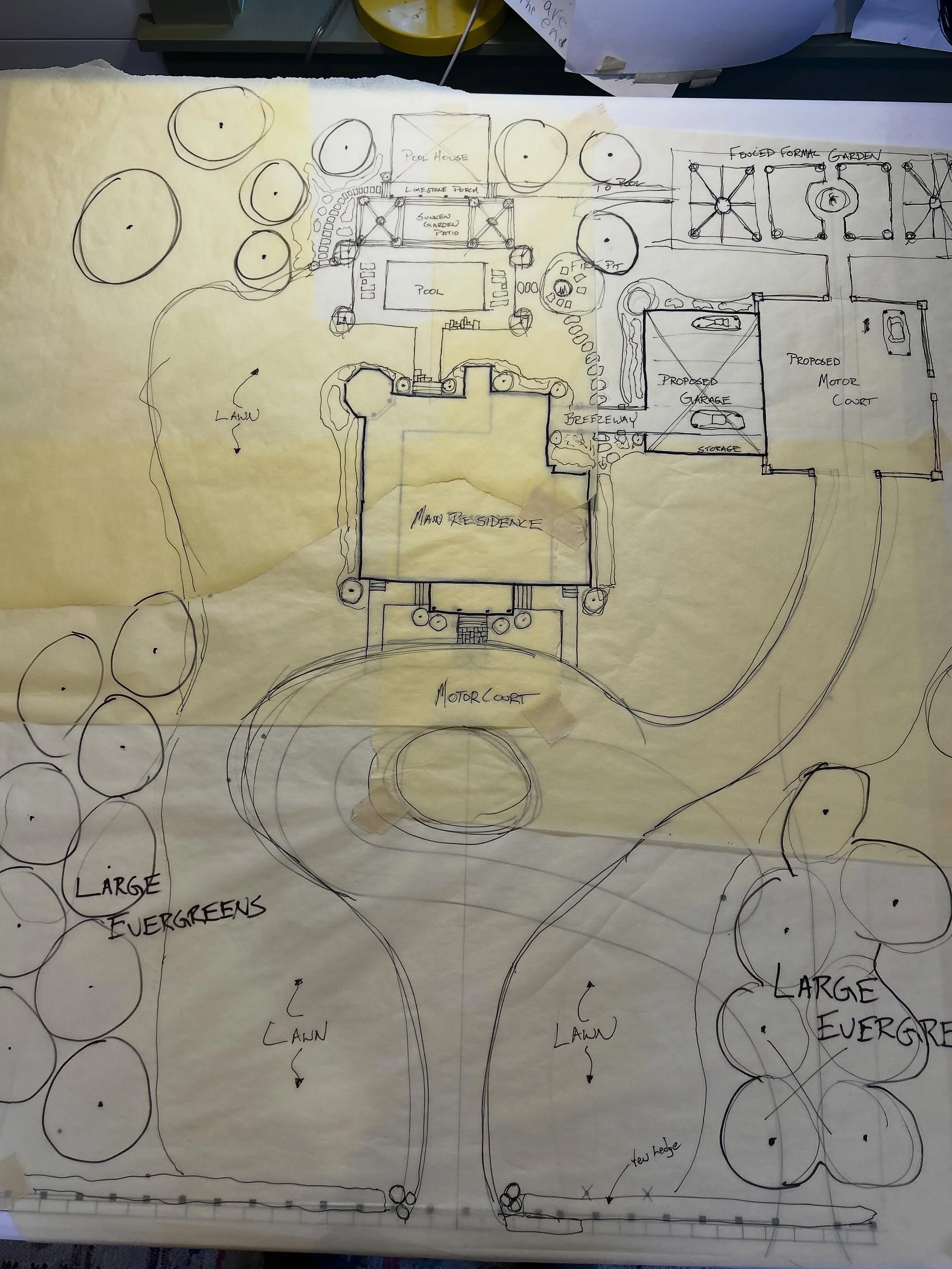 Loose sketches on trash paper are where the design process begins. As the vision grows, lines, shapes, architectural details, and materials align to form the heart and soul of the garden.