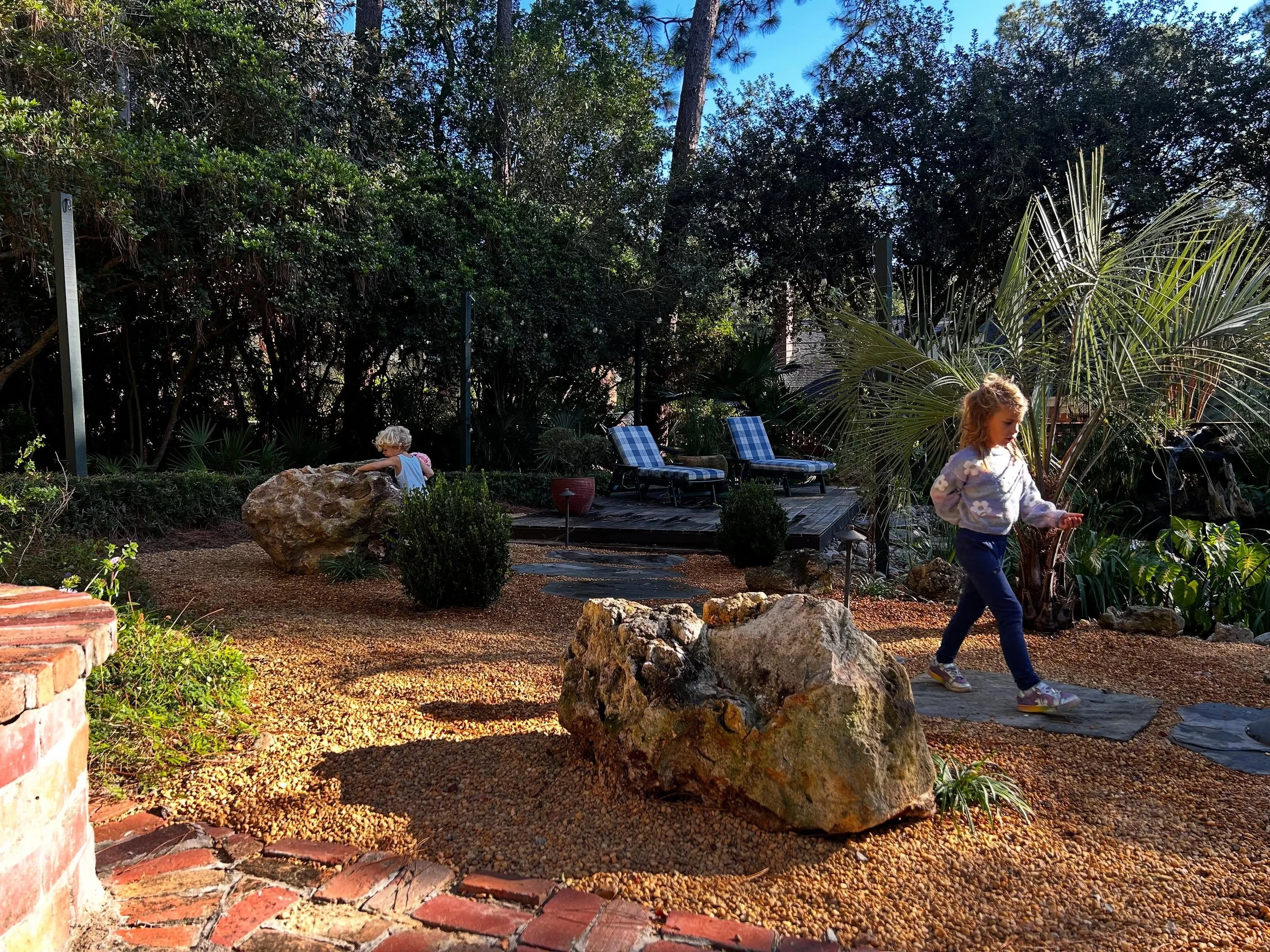Views from our garden in the fall: Sisters playing with boulders, cheerful yellow flowers, and a happy dog.