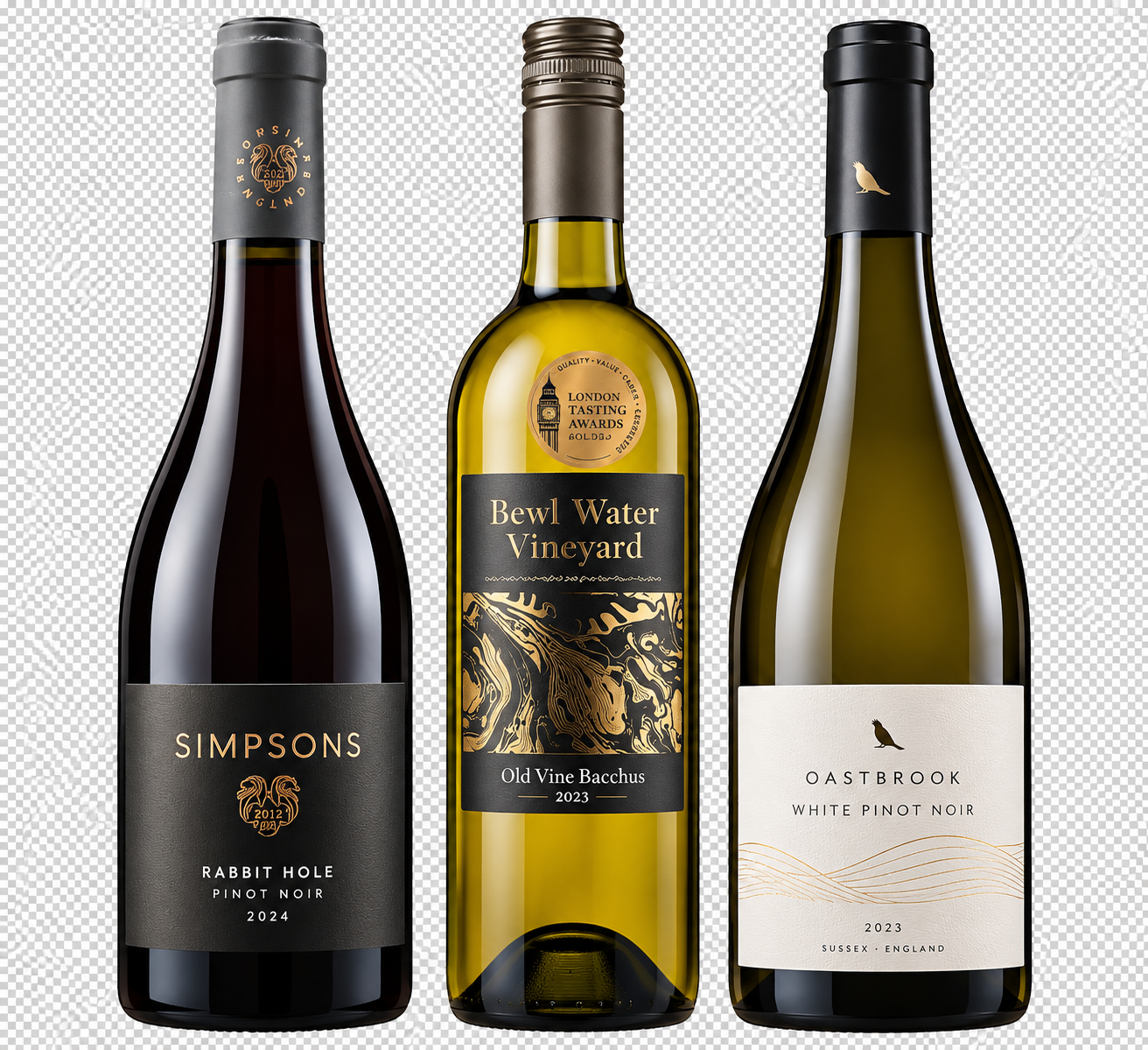 Three English Wine Bottles on Transparent Background.png