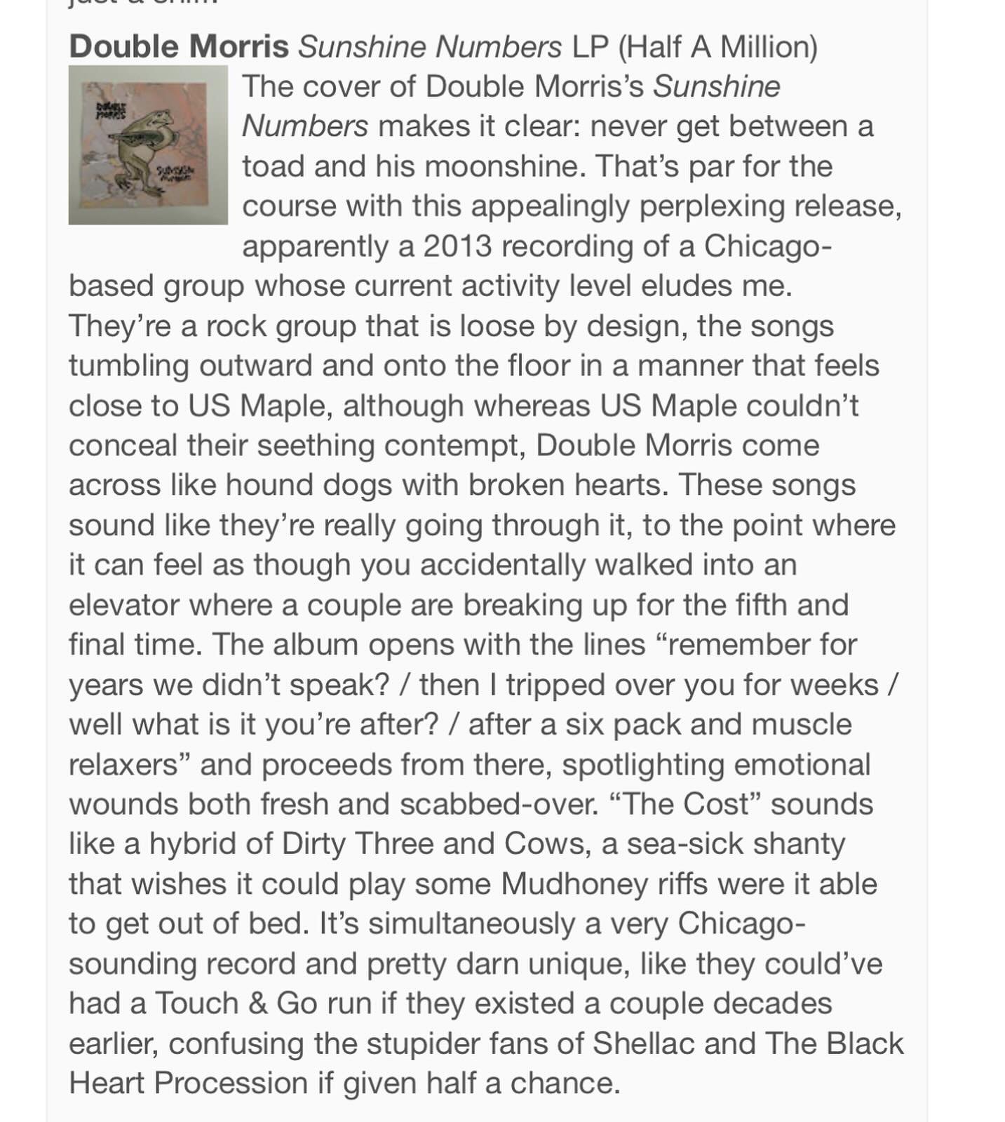 Cool review of the Double Morris record up on yellowgreenred right now! 

Is this the most wonderfully confounding record of the year? Of course we think so! If you&rsquo;ve been sleeping on it, why not head to our bandcamp (link in bio) and check it