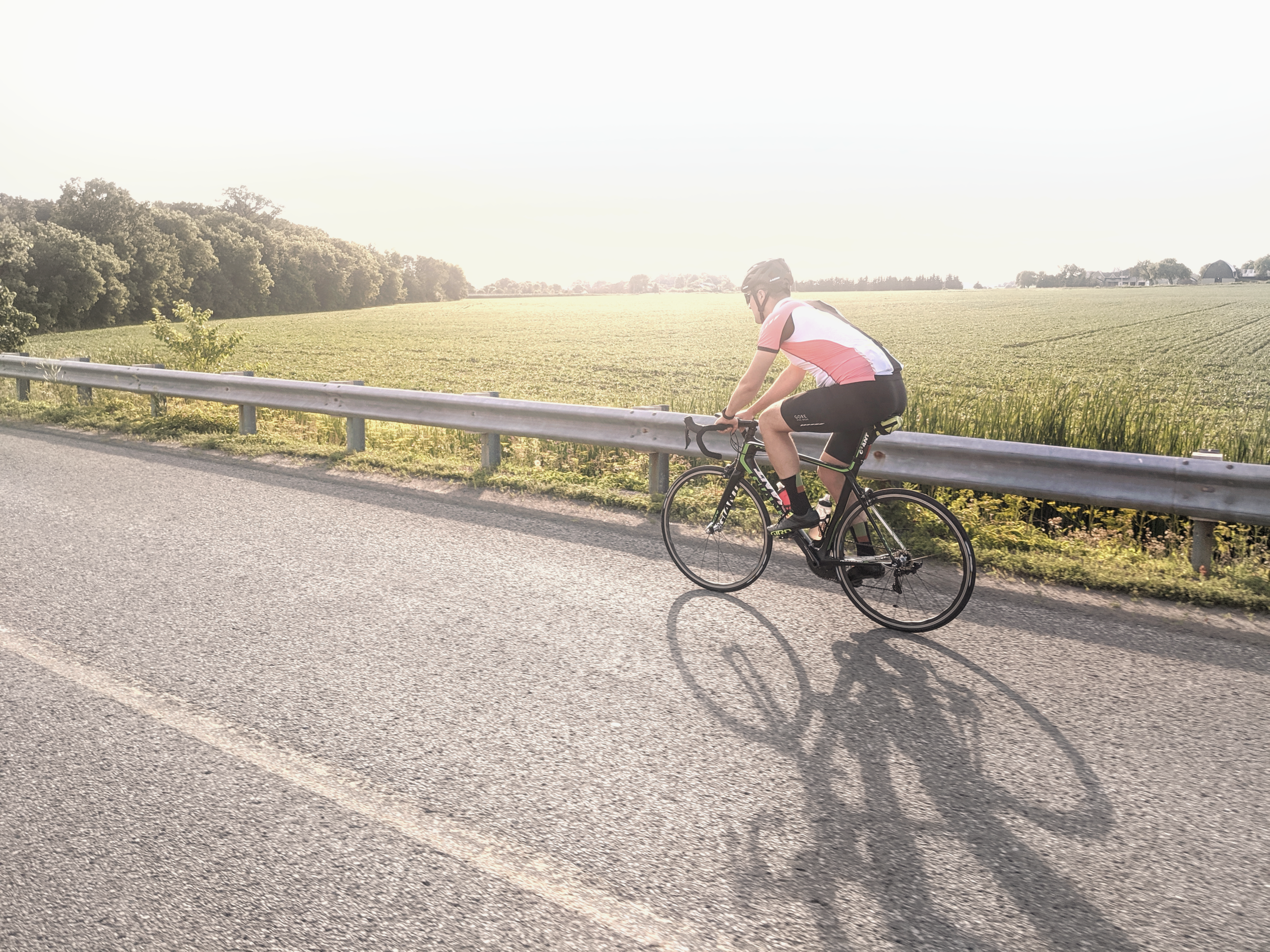 A cyclist riding a black road bike along a rural road with a metal guardrail, green fields, and trees in the distance against a bright sky.