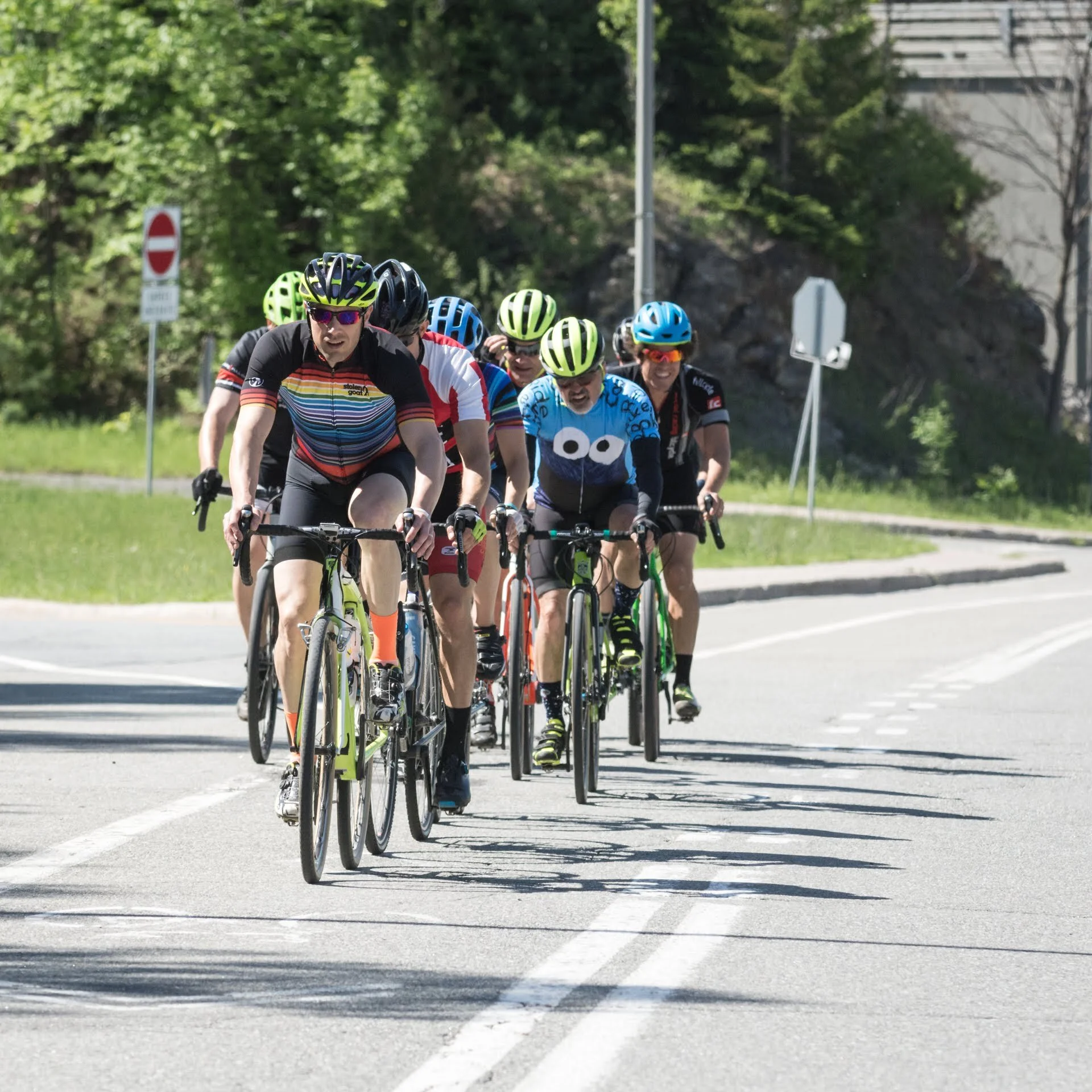 Group of cyclists riding on a road with greenery and trees in the background.