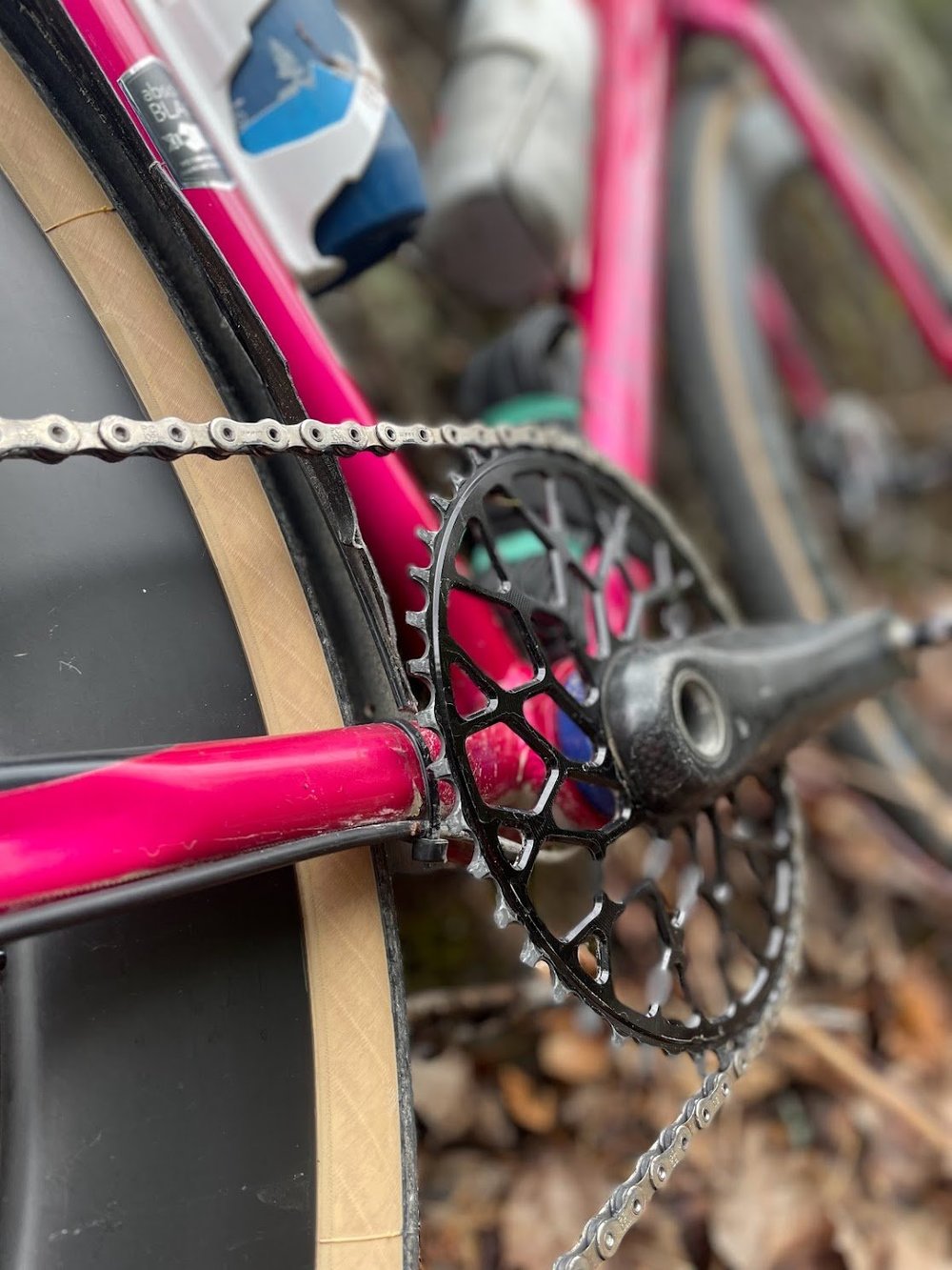 46T Absolute Black oval ring, beaten down, yet race-worthy.