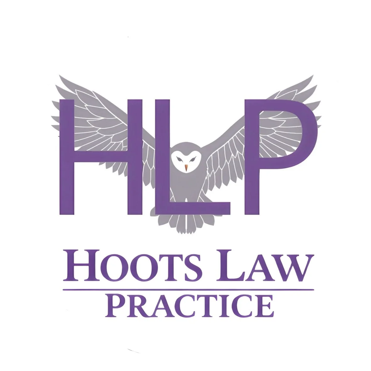 Hoots Law Practice Logo with Purple Letters and Owl
