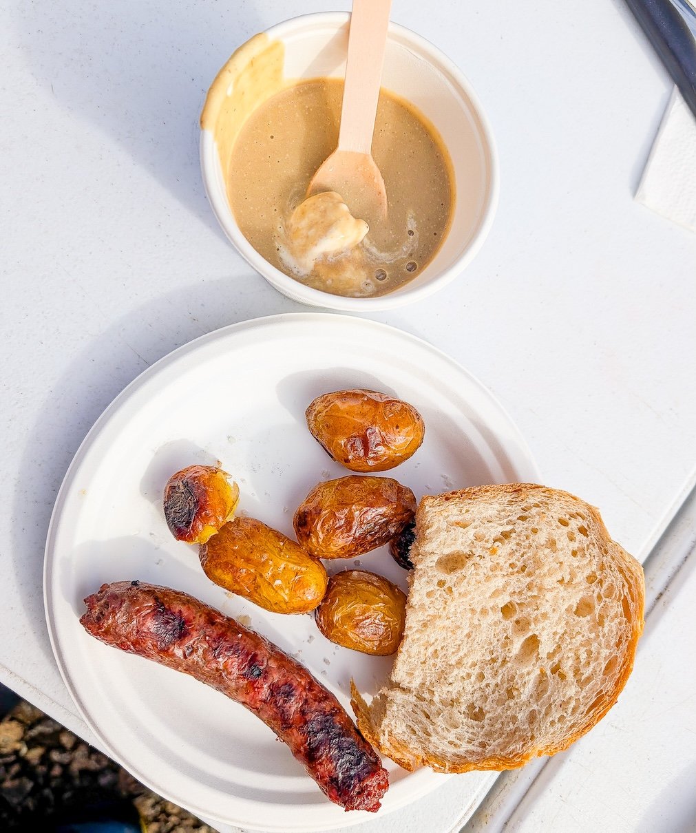 cep-and-chestnut soup, barbecued potatoes, sausage, and chestnuts