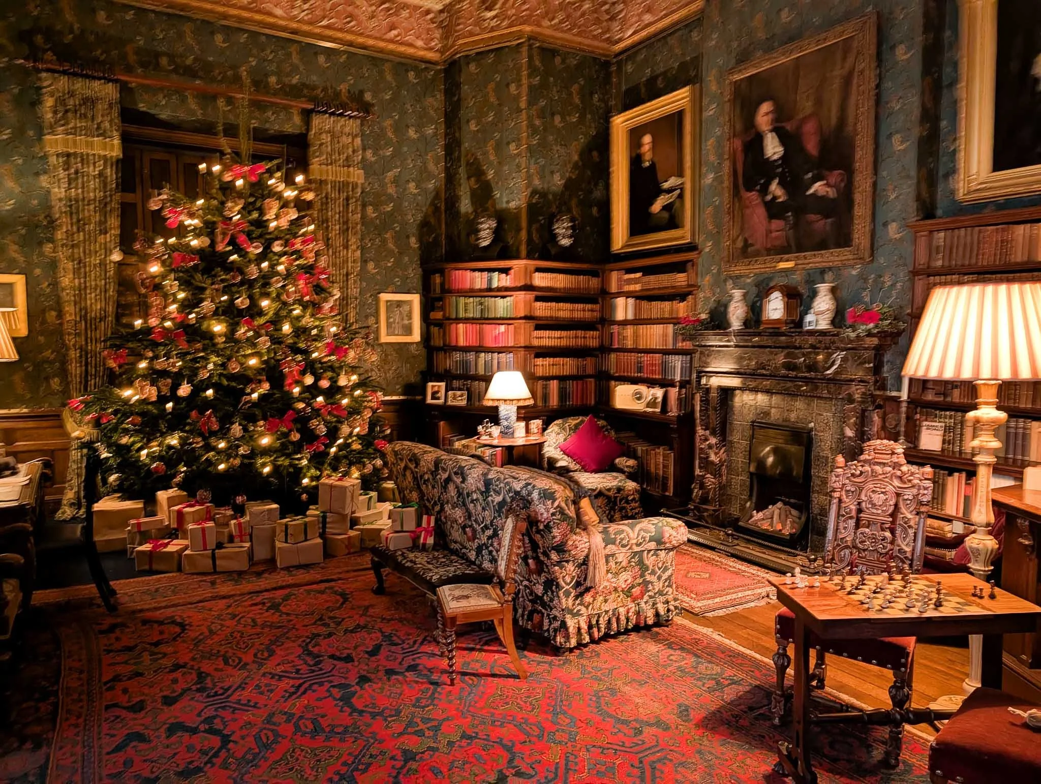 Drawing room set for Christmas at Dunster Castle