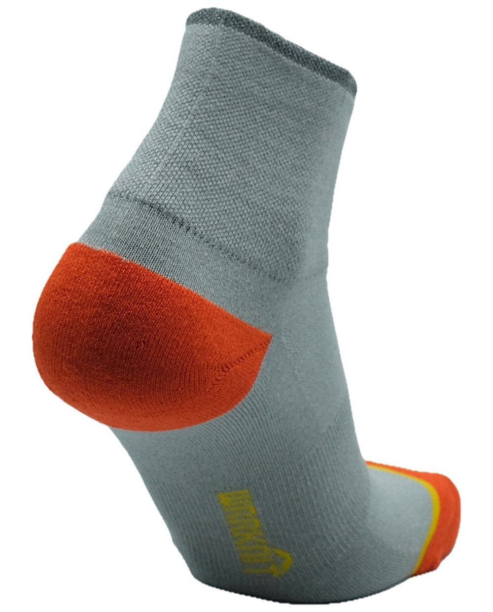 Medium Grey Heather Quarter sock, Orange Flame Heel and Toe, Silver reflective stripe on top.