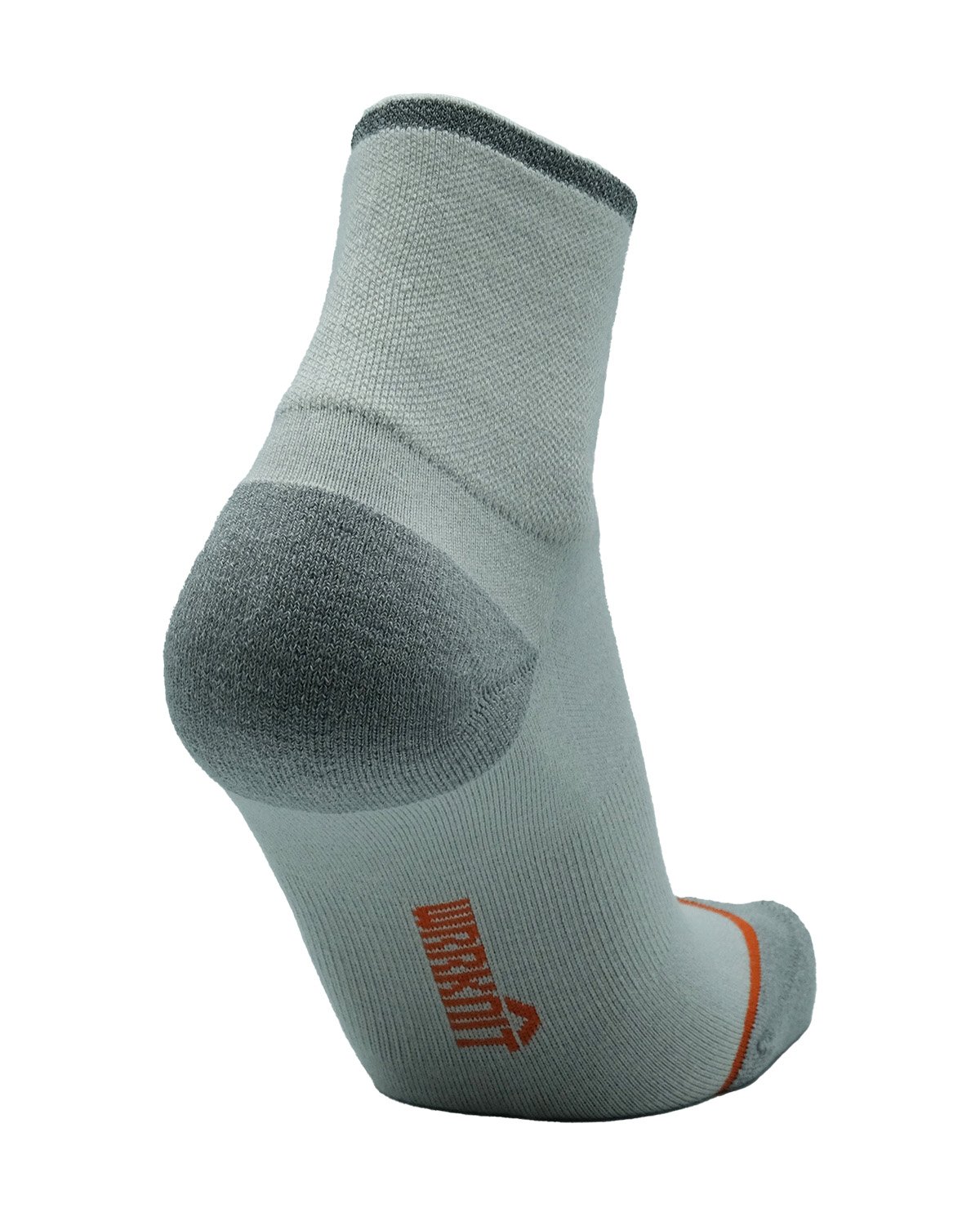 Quarter socks light grey heather, medium grey heather heel/toe, reflective silver top stripe.