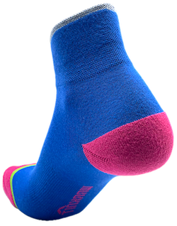 360 Reflective Stripe 6 inch Quarter Sock Classic Blue Body Fuchsia Purple heel and toe.