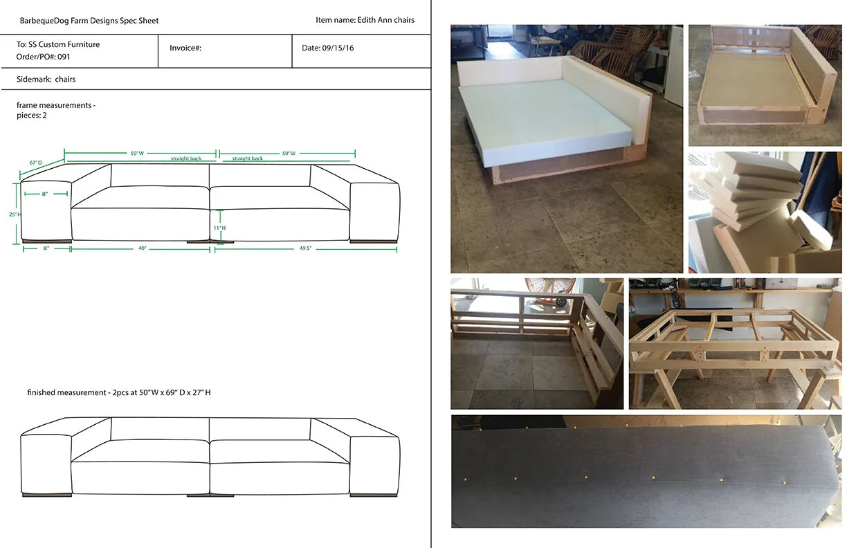  Technical specs and 2-D illustration of design, along with in-house production photos. 