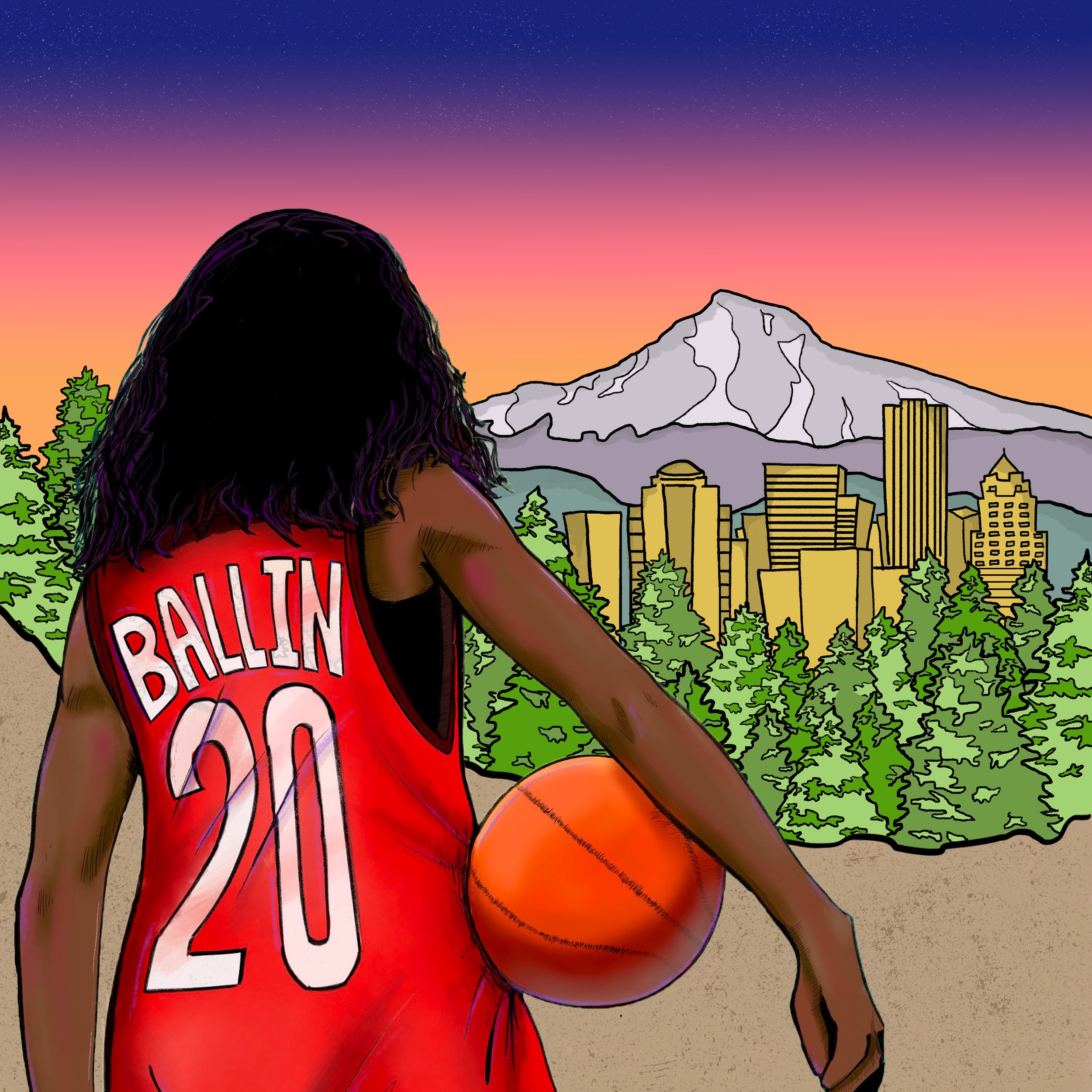 The artwork cover for Ms. Elle's, "Ballin'" EP was inspired by the animation style of Freddie Gibb/Madlib’s, ‘Bandana Album’. The concept was to give a summer vibe over looking the downtown area of Portland, OR.