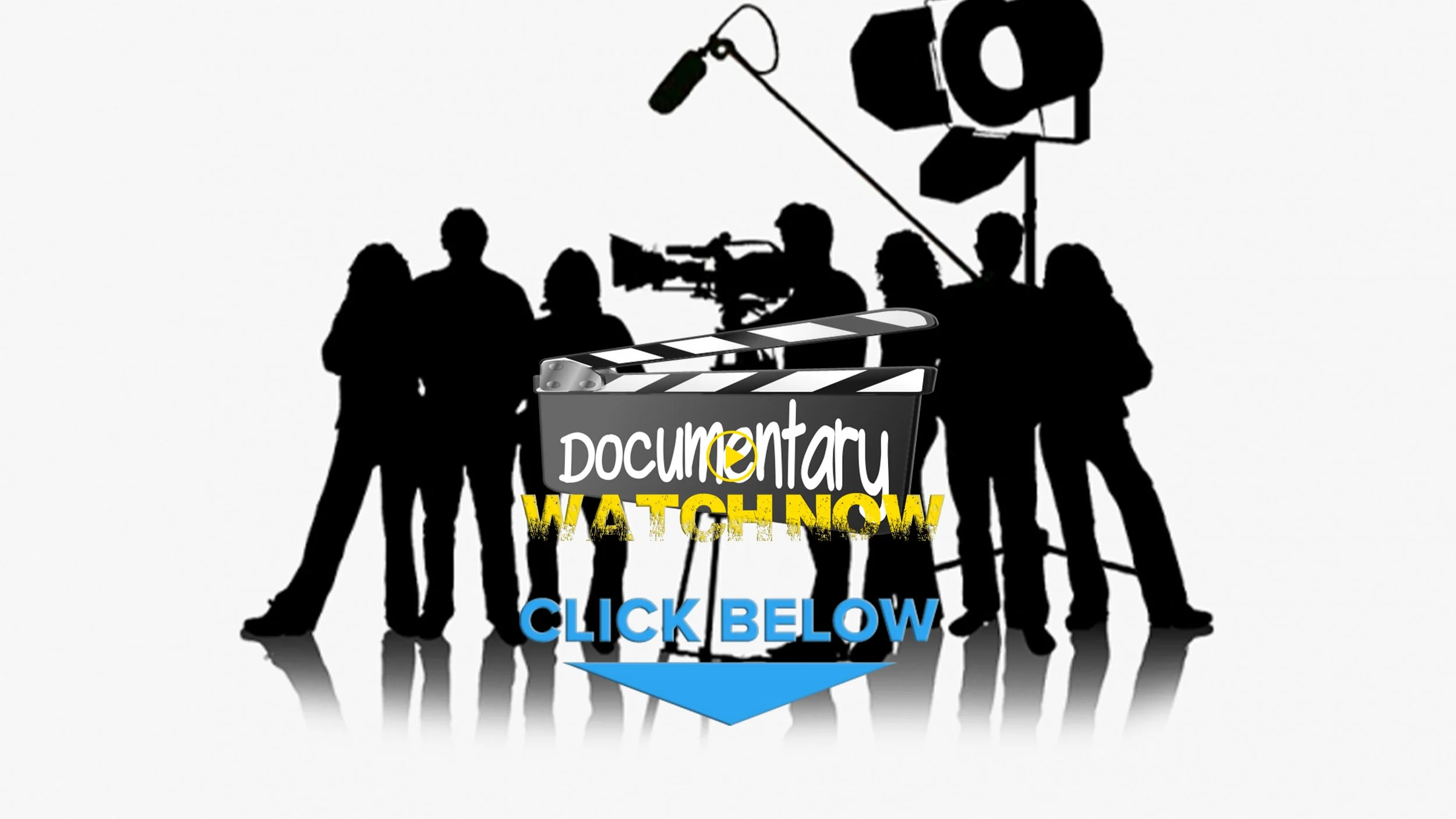 Silhouettes of people on a film set with a film camera, lights, and sound equipment, overlaid with text promoting documentary viewing and a clickable link.