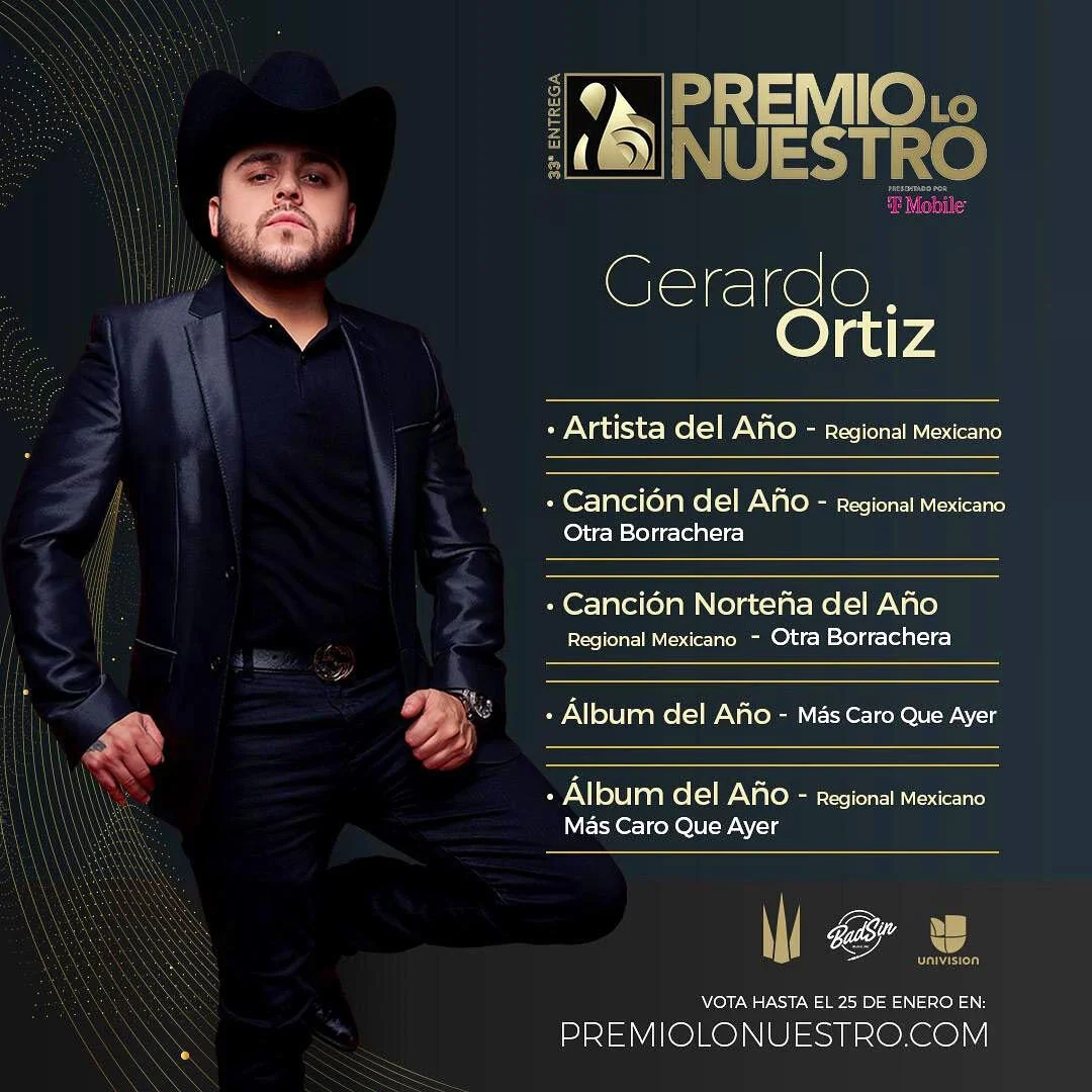 Gerardo Ortiz es nominado en 5 ternas para Premio Lo Nuestro 2021