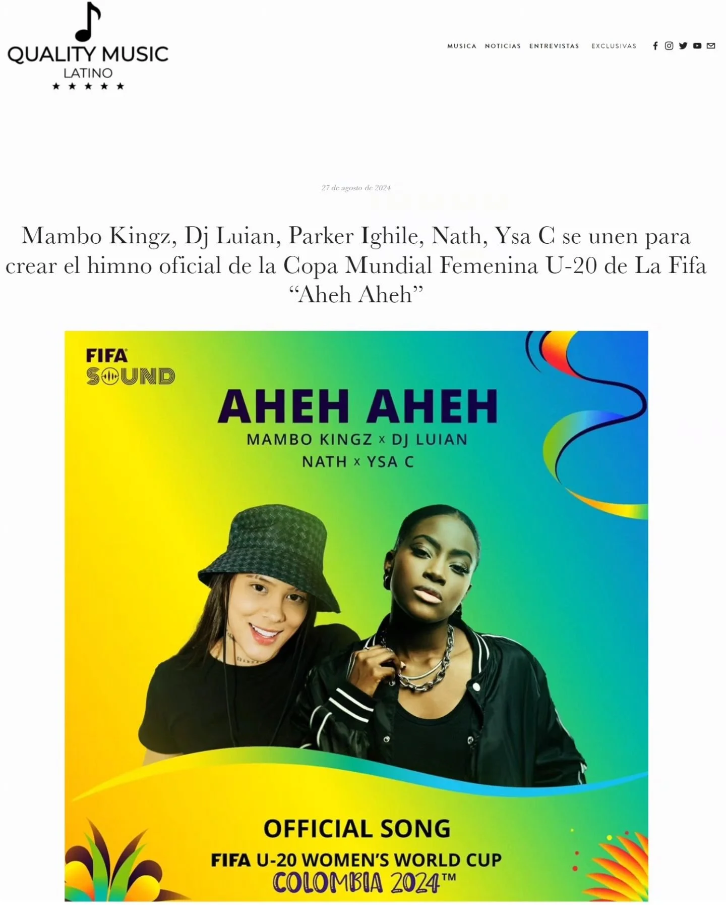 Mambo Kingz, Dj Luian, Parker Ighile, Nath, Ysa C se unen para crear el himno oficial de la Copa Mundial Femenina U-20 de La Fifa &ldquo;Aheh Aheh&rdquo;

La anticipaci&oacute;n global por la Copa Mundial Femenina U-20 de la FIFA Colombia 2024 alcanz