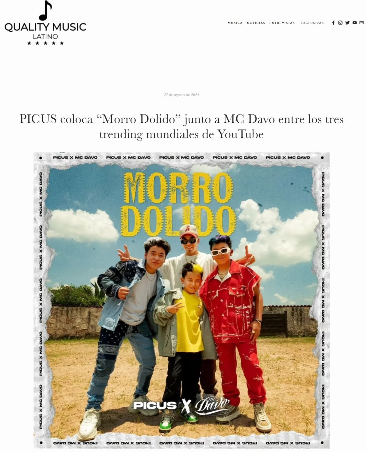 PICUS coloca &ldquo;Morro Dolido&rdquo; junto a MC Davo entre los tres trending mundiales de YouTube

El grupo juvenil mexicano @picus.oficial subi&oacute; al podio de YouTube al conseguir el tercer lugar entre los estrenos m&aacute;s trending con el