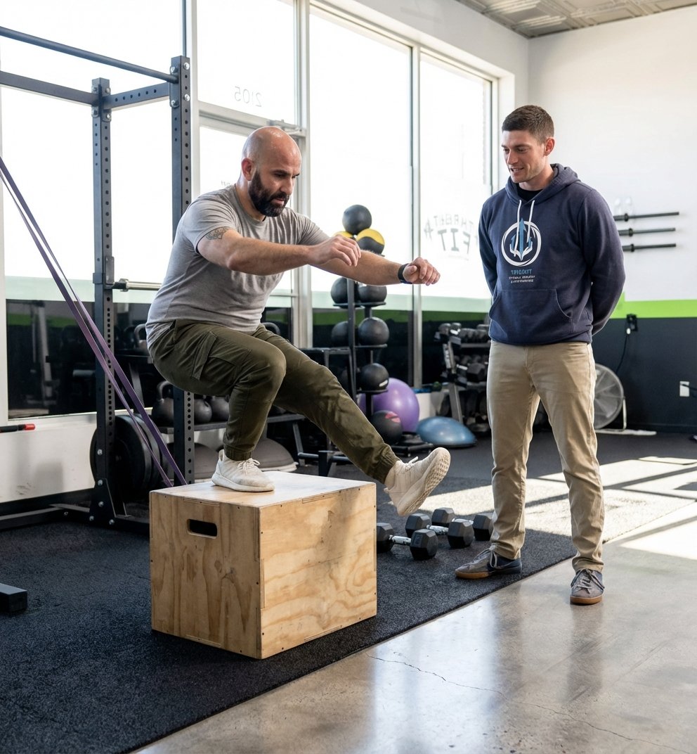 Runner performing strength training exercises at a specialized running physical therapy clinic in Rockville Centre