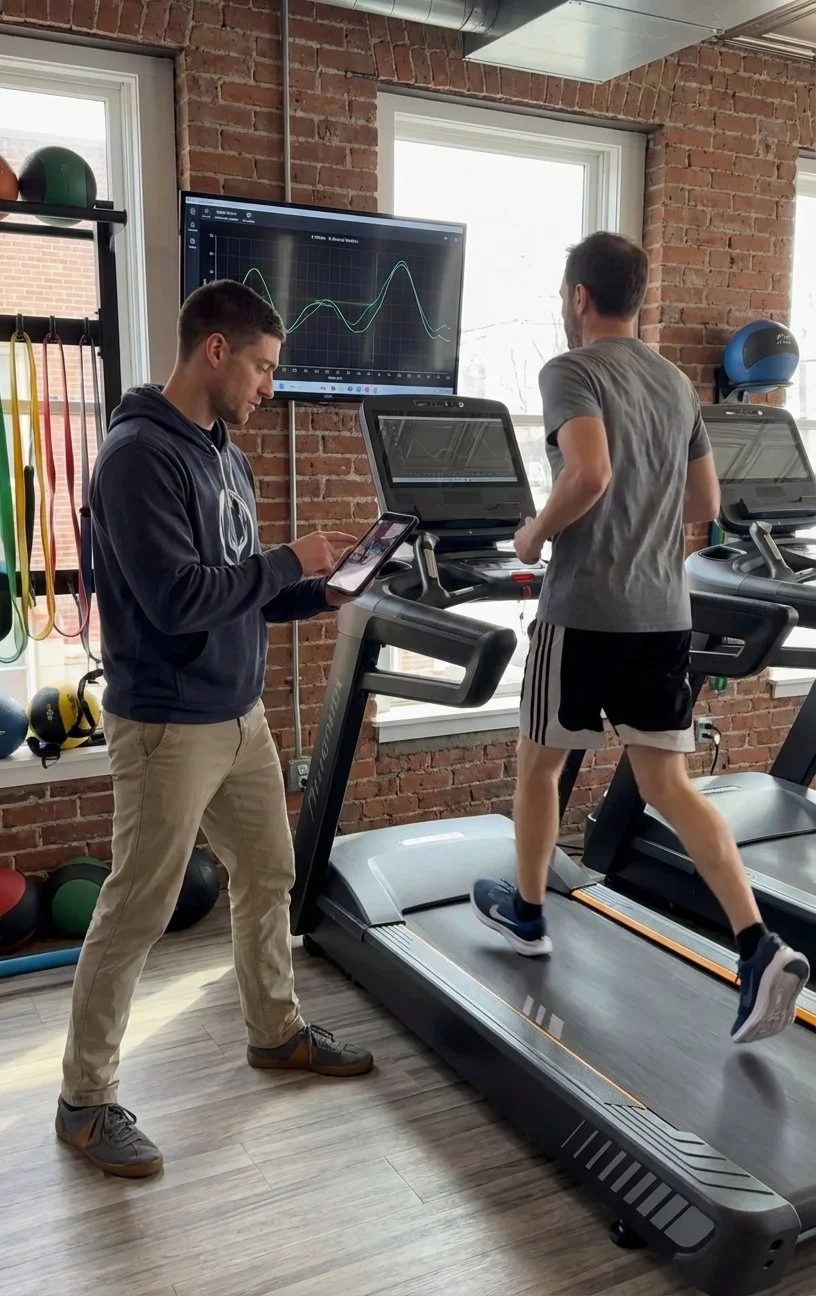 Patient undergoing gait analysis with a physical therapist at a performance physical therapy clinic in Rockville Centre