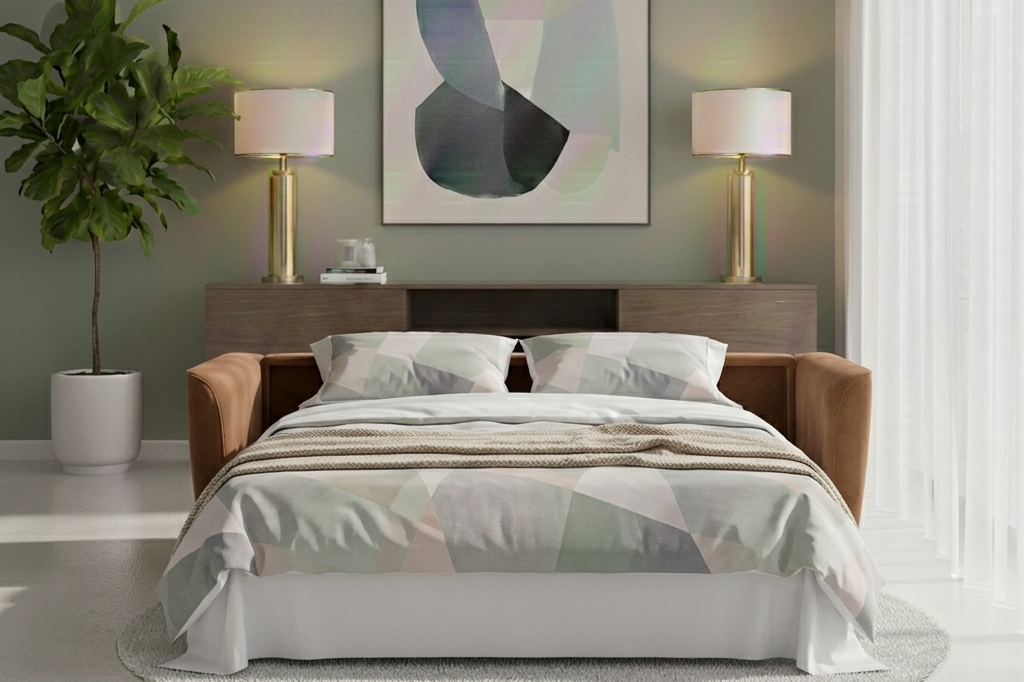 Chambre moderne avec lit, deux lampes de chaque côté et tableau abstrait au mur.