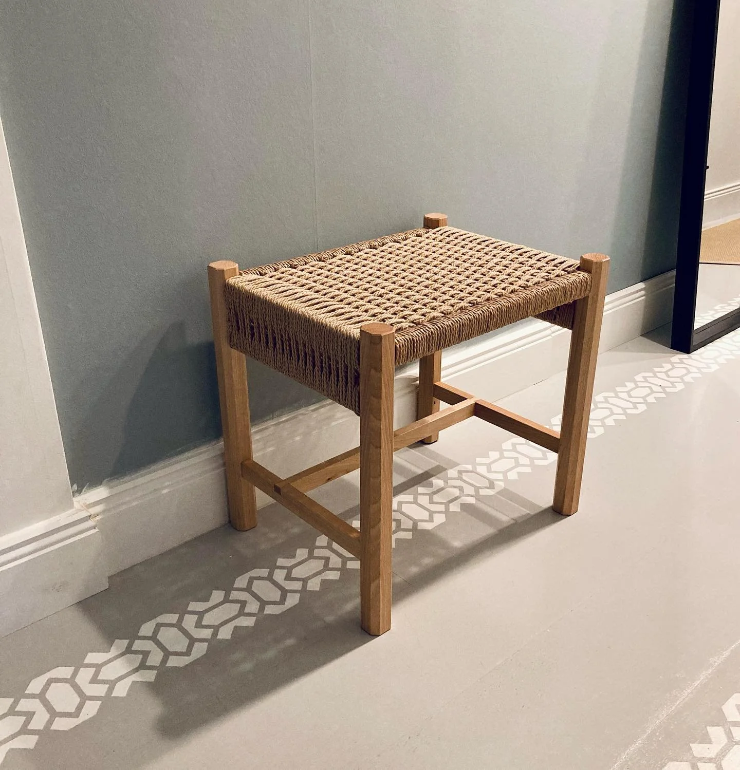 Hallway stool, my place to seat and lace on/off my shoes. Can also use as extra seat anywhere in the house.

Handmade, from raw plank to finished piece in Sweden. Danish paper chord weaving in-house too. Mini batch production made to order, dm if int