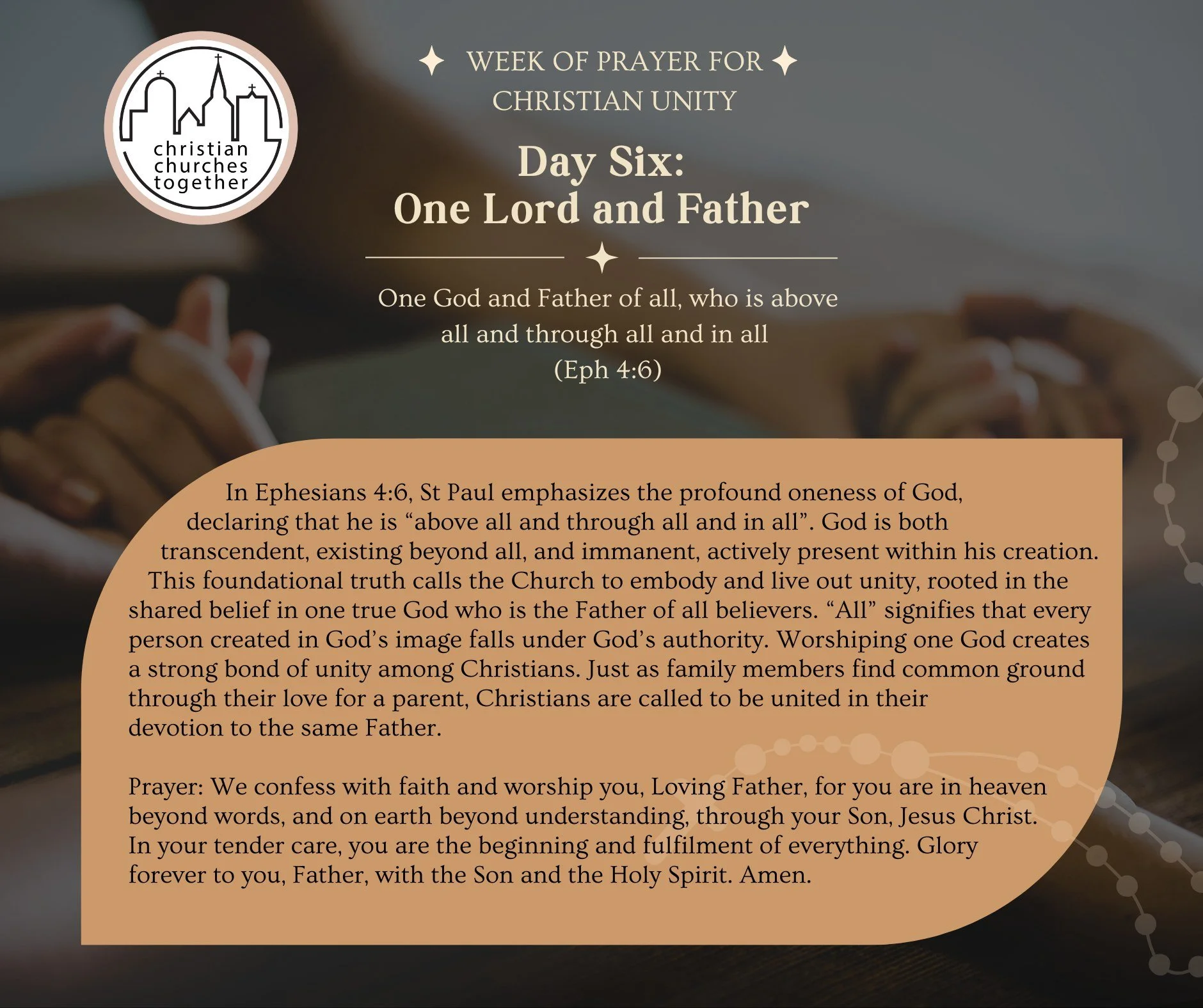 Day Six &ndash; Week of Prayer for Christian Unity: Today we reflect on the profound oneness of God (Eph. 4:6), using prayers prepared by the Armenian Apostolic Church&mdash;one of the world&rsquo;s oldest Christian communities&mdash;in collaboration