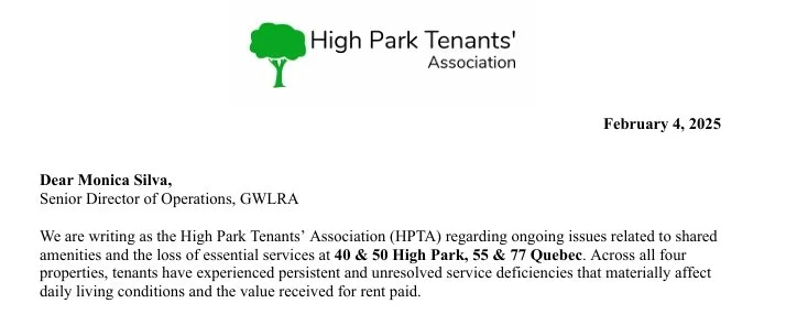 Letter to GWLRA on Service Losses at 40 &amp; 50 High Park, 55 &amp; 77 Quebec
