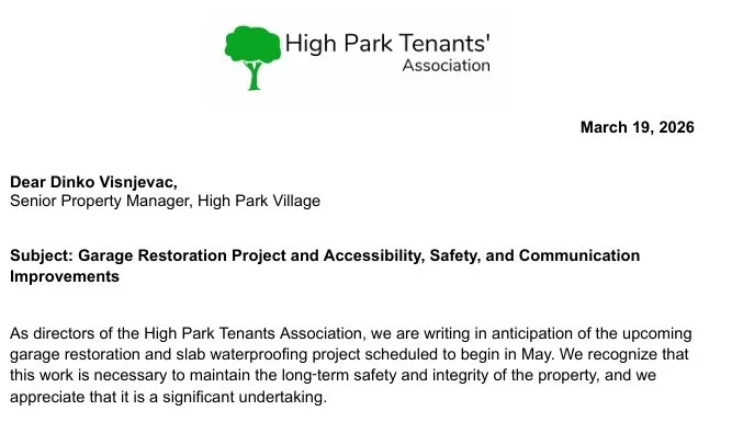 HPTA Letter to GWLRA on Garage Restoration, Accessibility, and Communication