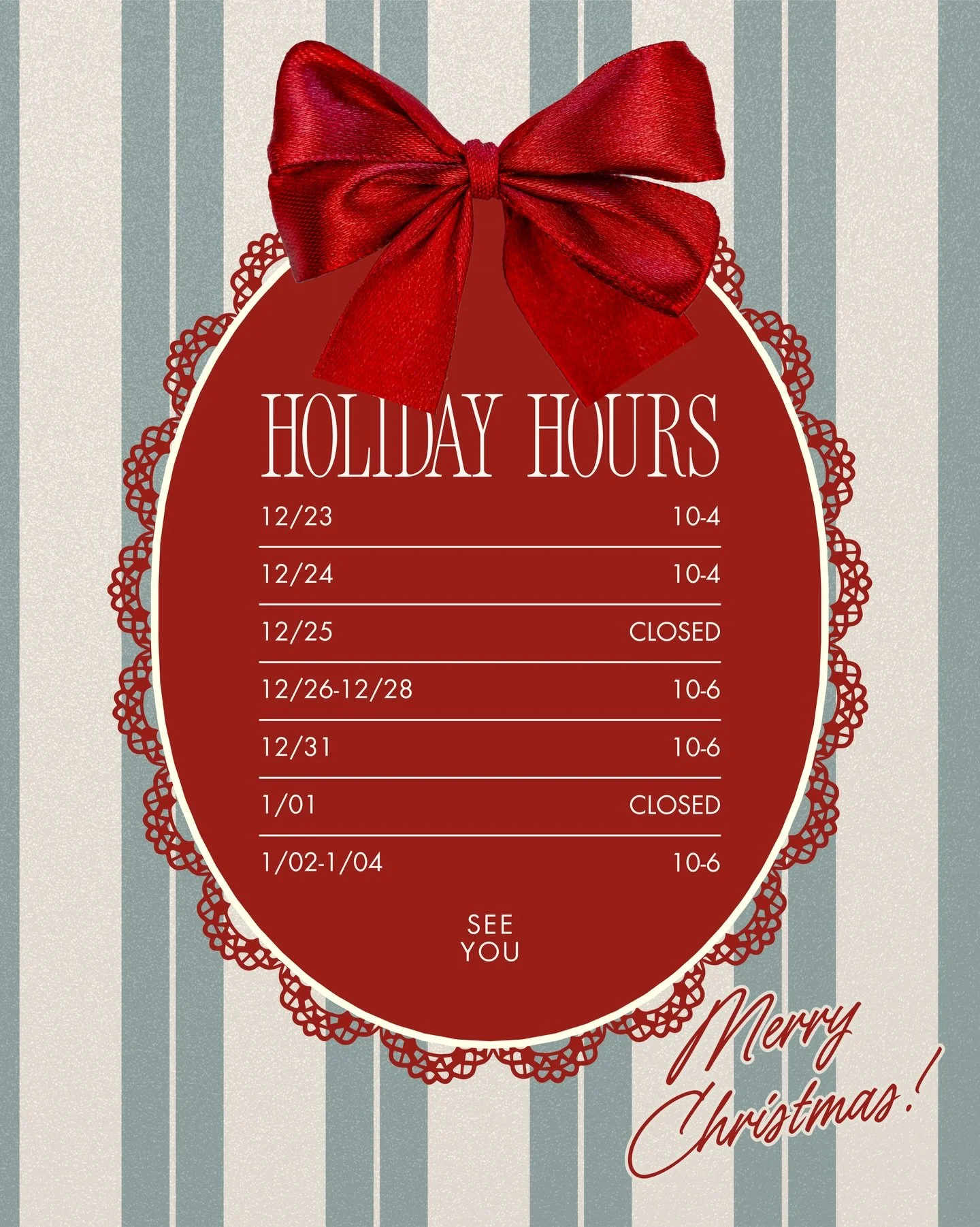 Holiday hours for the next two weeks! We will be open Tuesday &amp; Wednesday for all the last minute shopping you might need to do - come see us 🎁🎄🎉