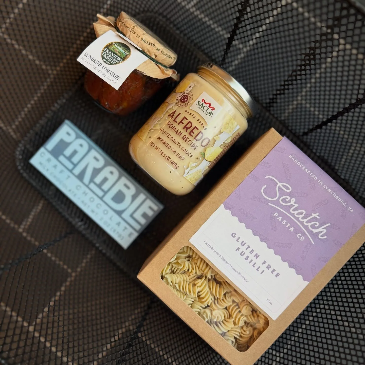 What&rsquo;s in our cart? The best gluten free fusilli, sun-dried tomatoes, creamy Alfredo sauce &amp; a locally made treat for later 🍫