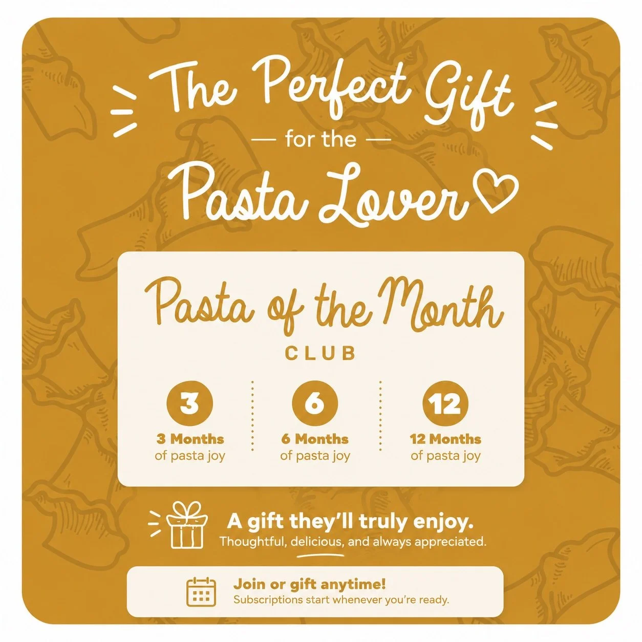 ‼️A reminder that we have the perfect gift at the click of a button! Pasta of the Month Club!! Thoughtfully curated, unique flavors and recipes &amp; something new every month. Head over to our website to sign up today, or to gift a subscription to s
