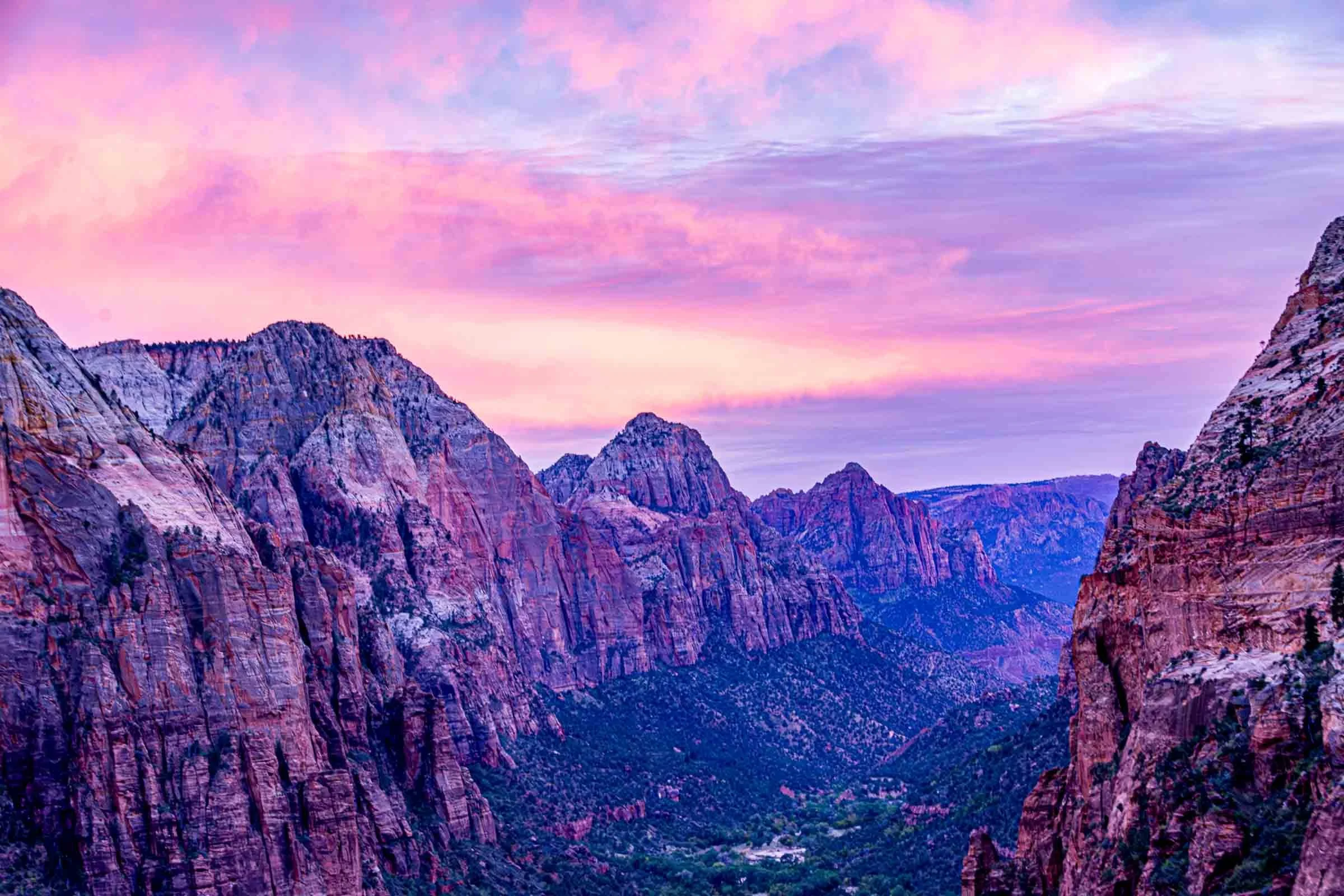 purple sunset at angels landing in zion