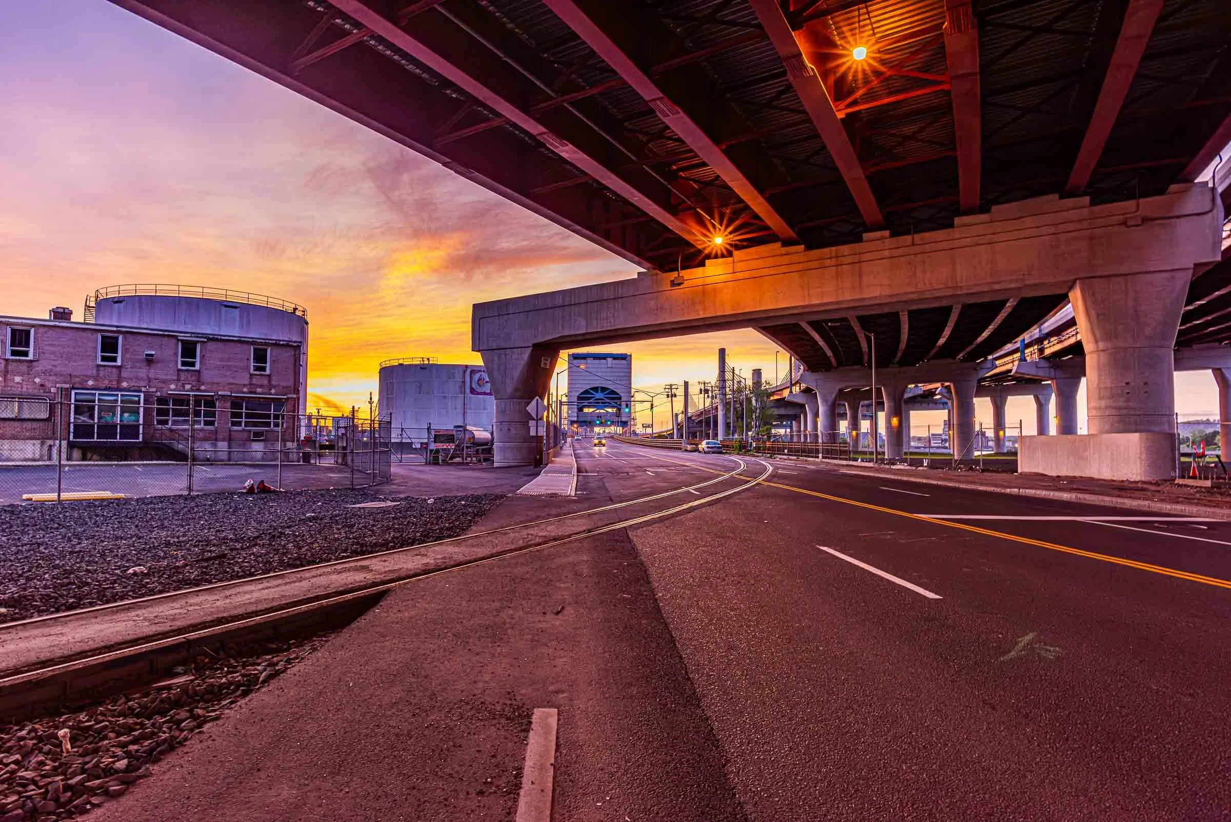 new haven bridge underpass with an orange sky