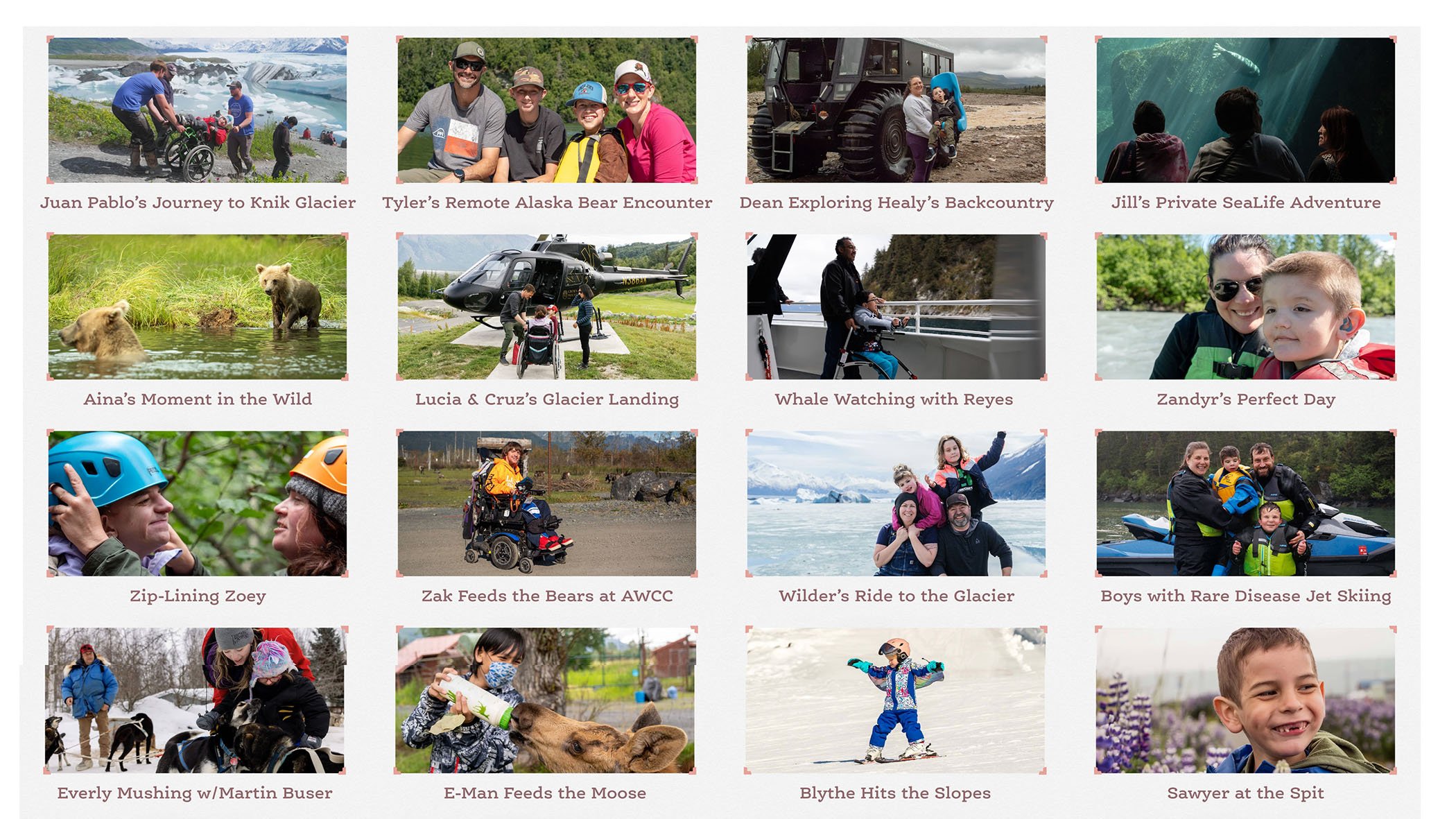 A collage of outdoor adventure photos, including people hiking, exploring glaciers, viewing marine life, bear encounters, helicopter landings, whale watching, kayaking, ice skating, and children playing in snowy and nature settings.