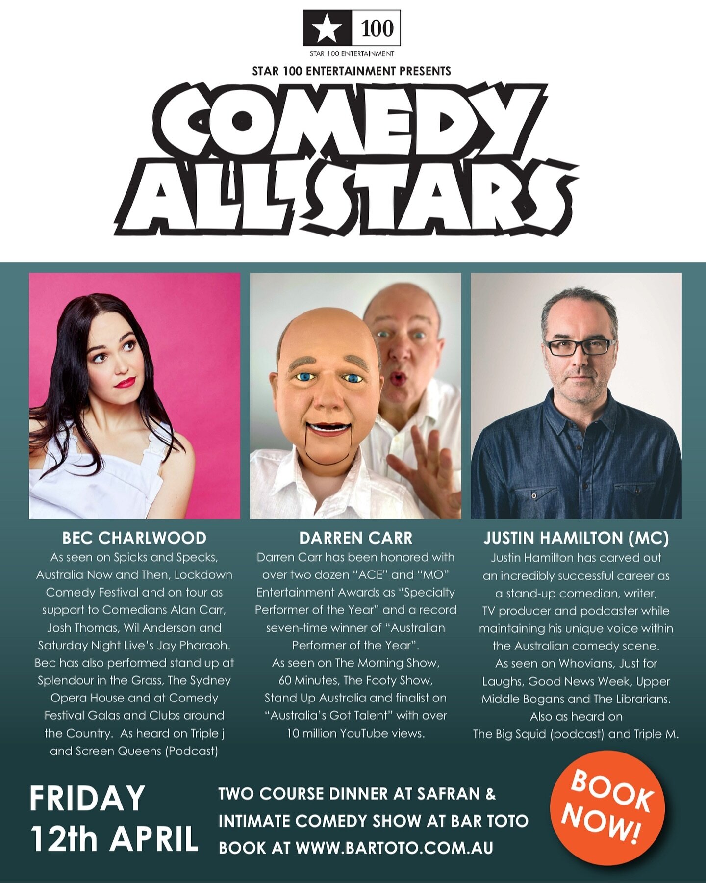 Comedy All Stars is on next week! Come along and enjoy the laughs with Darren Carr, Bec Charlwood, and Justin Hamilton as your MC. Make a night of it by indulging in the dinner &amp; show package - two courses at Safran followed by the show at Bar To