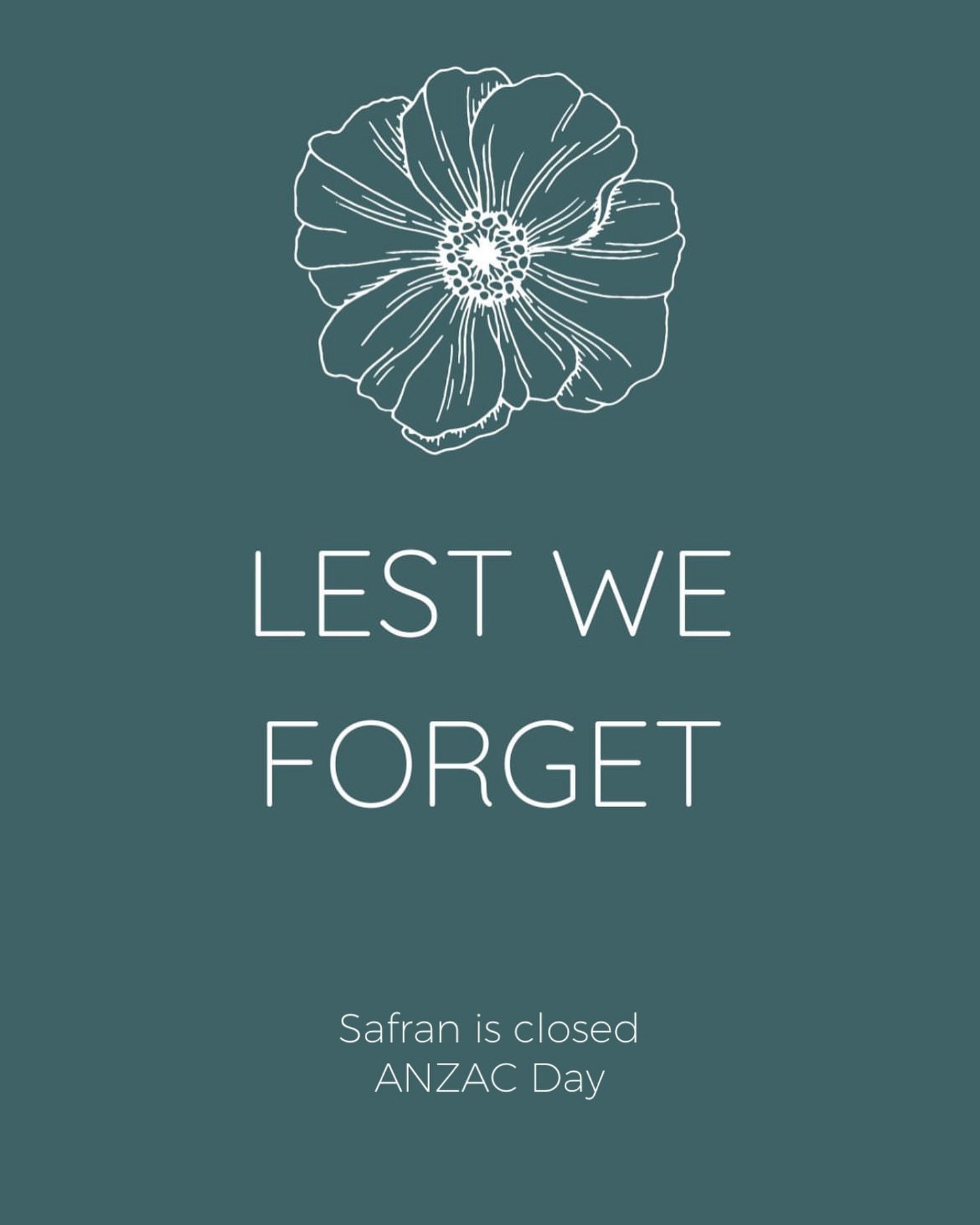 Safran will be closed on ANZAC Day, 25th April. We look forward to seeing you another time. 

Reservations for the weekend are available via our website ✨