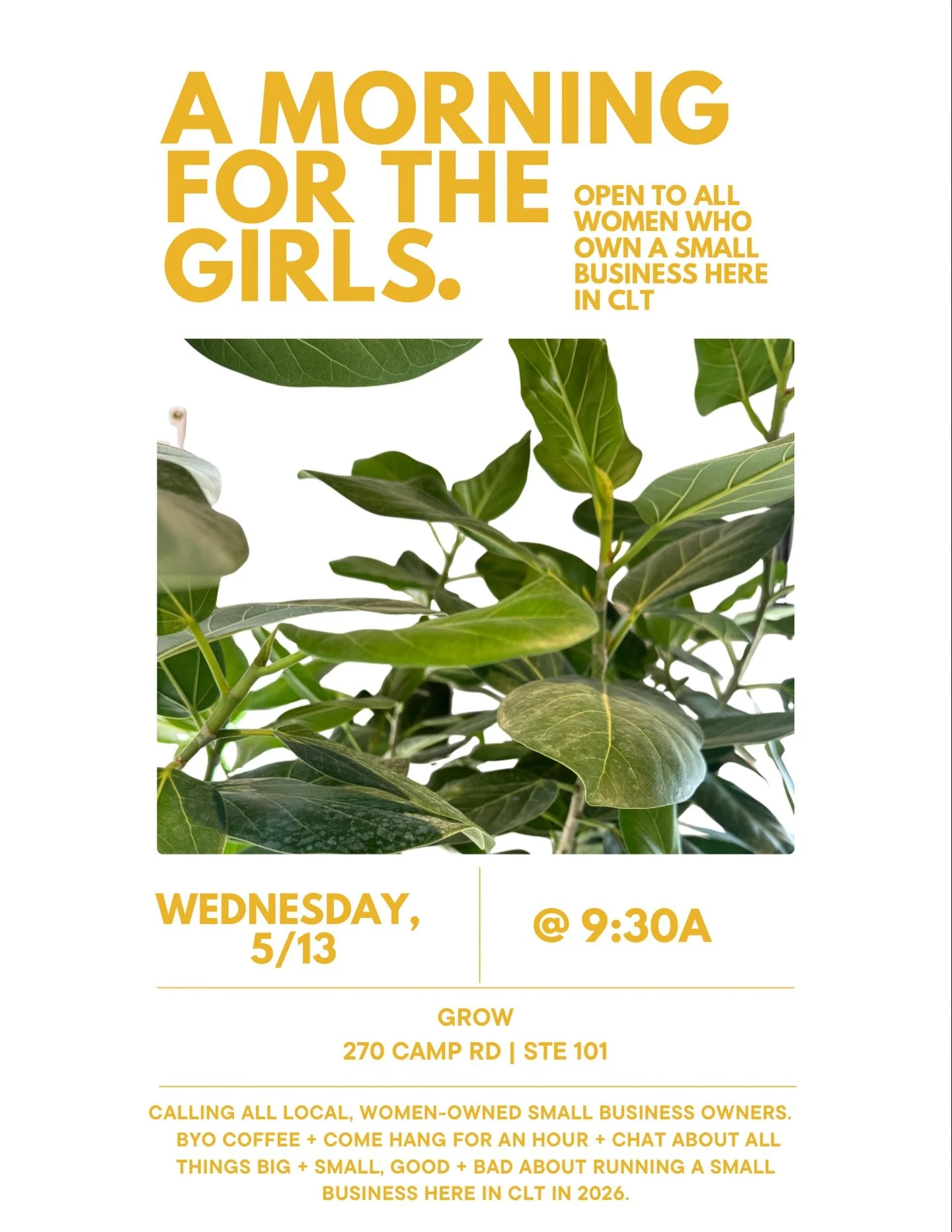 calling all local, women small business owners. 
BYO coffee + come hang for an hour + chat about all things big + small, good + bad about running a small business here in clt in 2026.