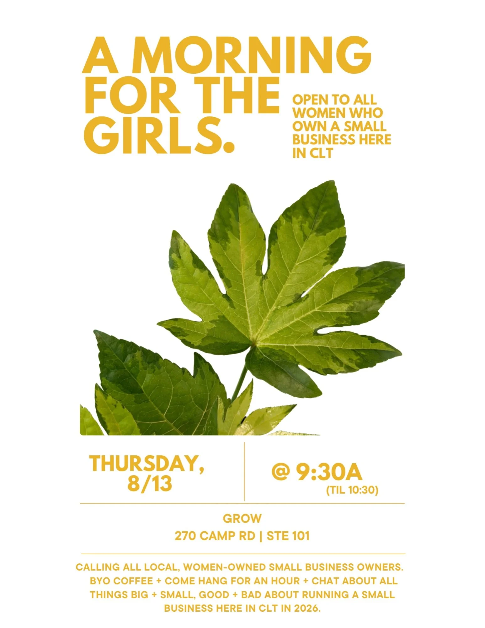 calling all local, women small business owners. 
BYO coffee + come hang for an hour + chat about all things big + small, good + bad about running a small business here in clt in 2026.