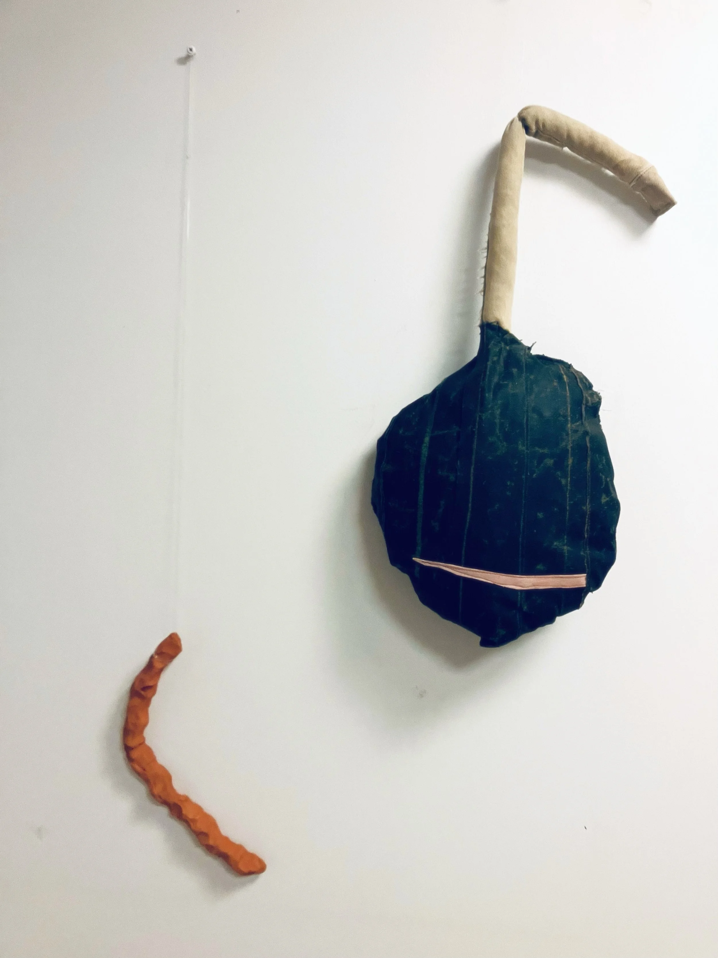 Avokado & Co, 2026, 60 cm x 30 cm x 5 cm + 30 cm x 3 cm, recycled canvas and leather, clay