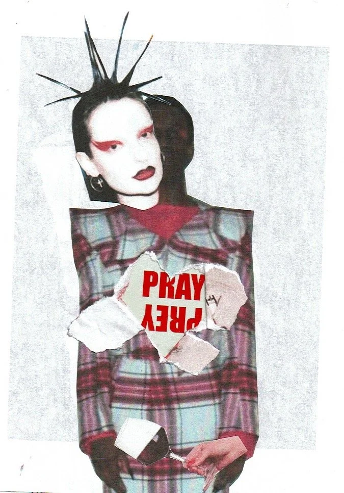 collaged punk portrait of a person with spiky hair in red tartan