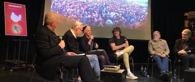 Berklee School of Music in Boston salutes Woodstock 50th Anniversary with a symposium featuring the original ‘crew’ - L to R: Bill Hanley, Chip Monck, Rona Eliot, Michael Lang, Henry Diltz and Eliot Landy.