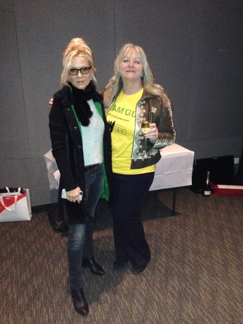 Russell Crowe’s swife , Danielle Spenser, and I judging Eurovision - VERY early morning champagne.